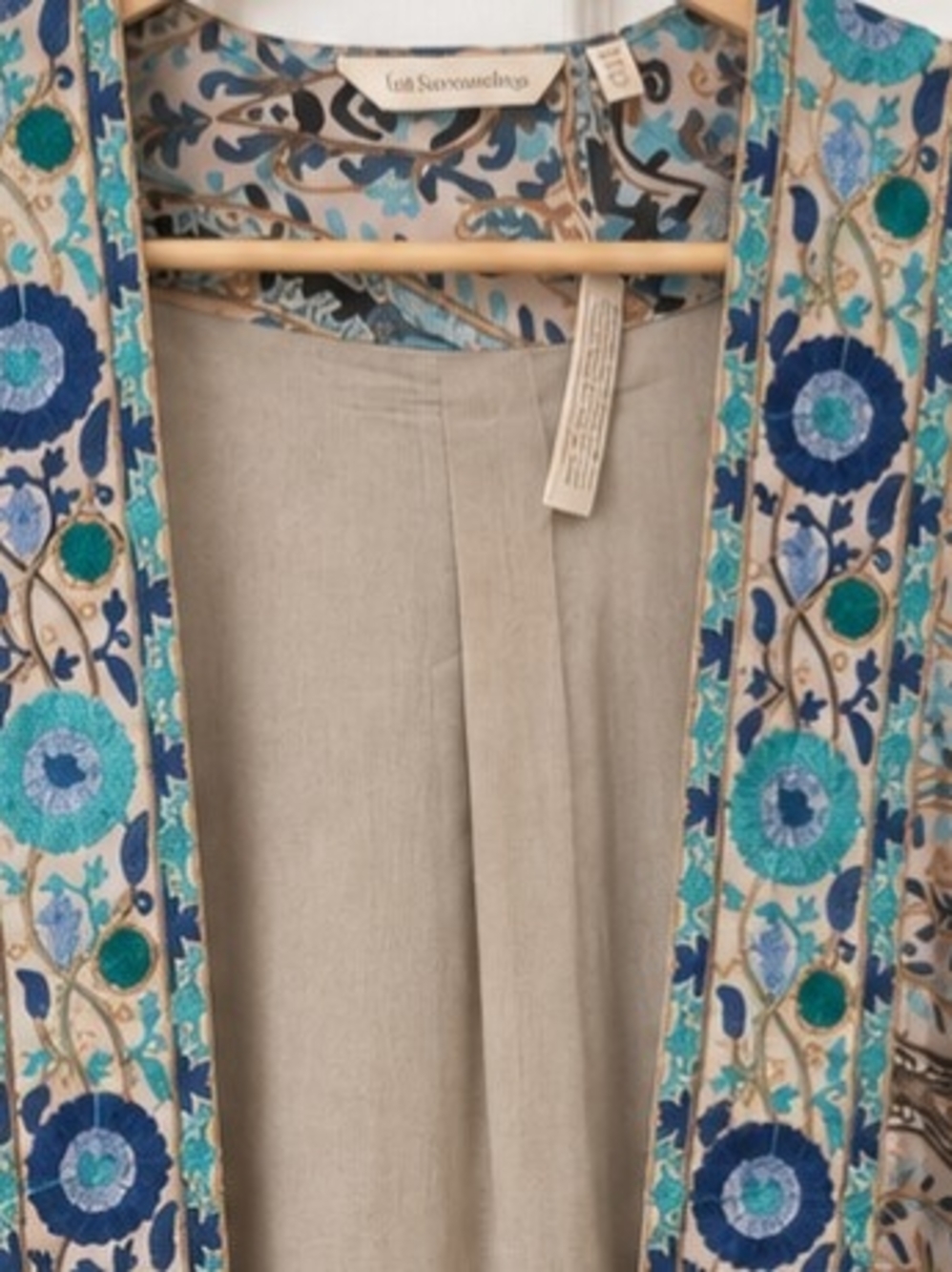 Embroidered Open-Front Kimono Jacket in Beige and Teal - Picture 4 of 9